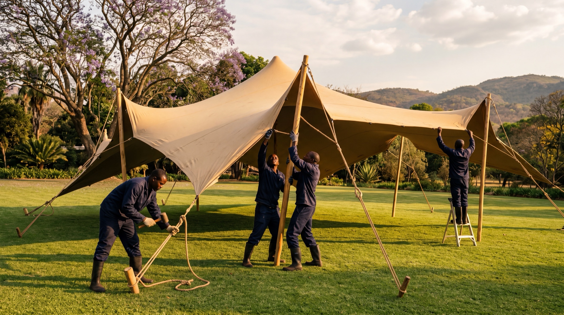 The Heritage crew raising a sand-coloured stretch tent on a Zimbabwean garden venue at golden hour, with jacaranda trees and distant hills behind them