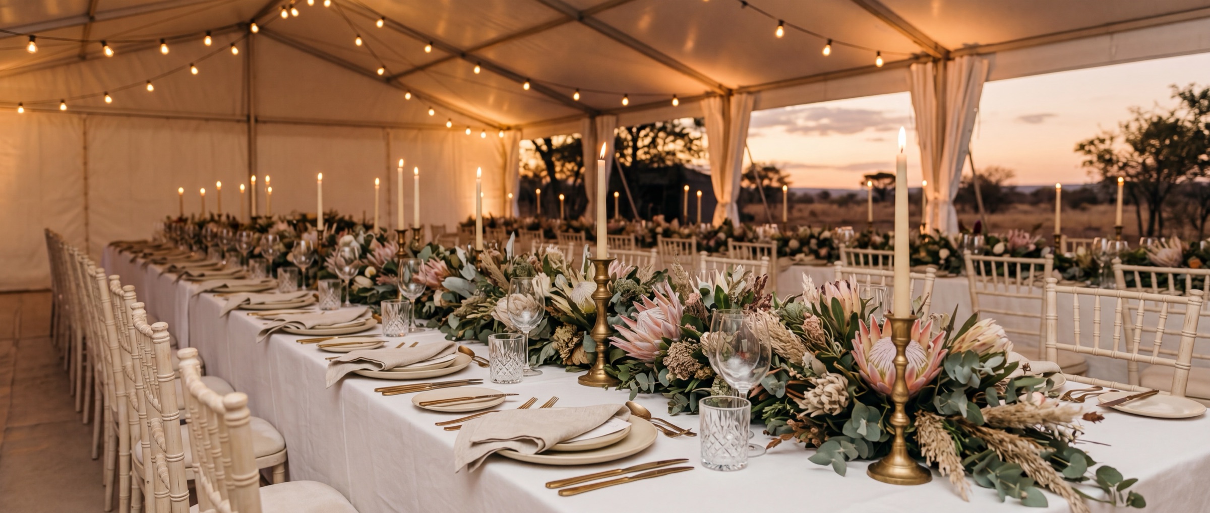 A Heritage Events Group marquee dressed for a wedding banquet at dusk, with brass candleholders, protea florals and Tiffany chairs lining a long bone-linen table