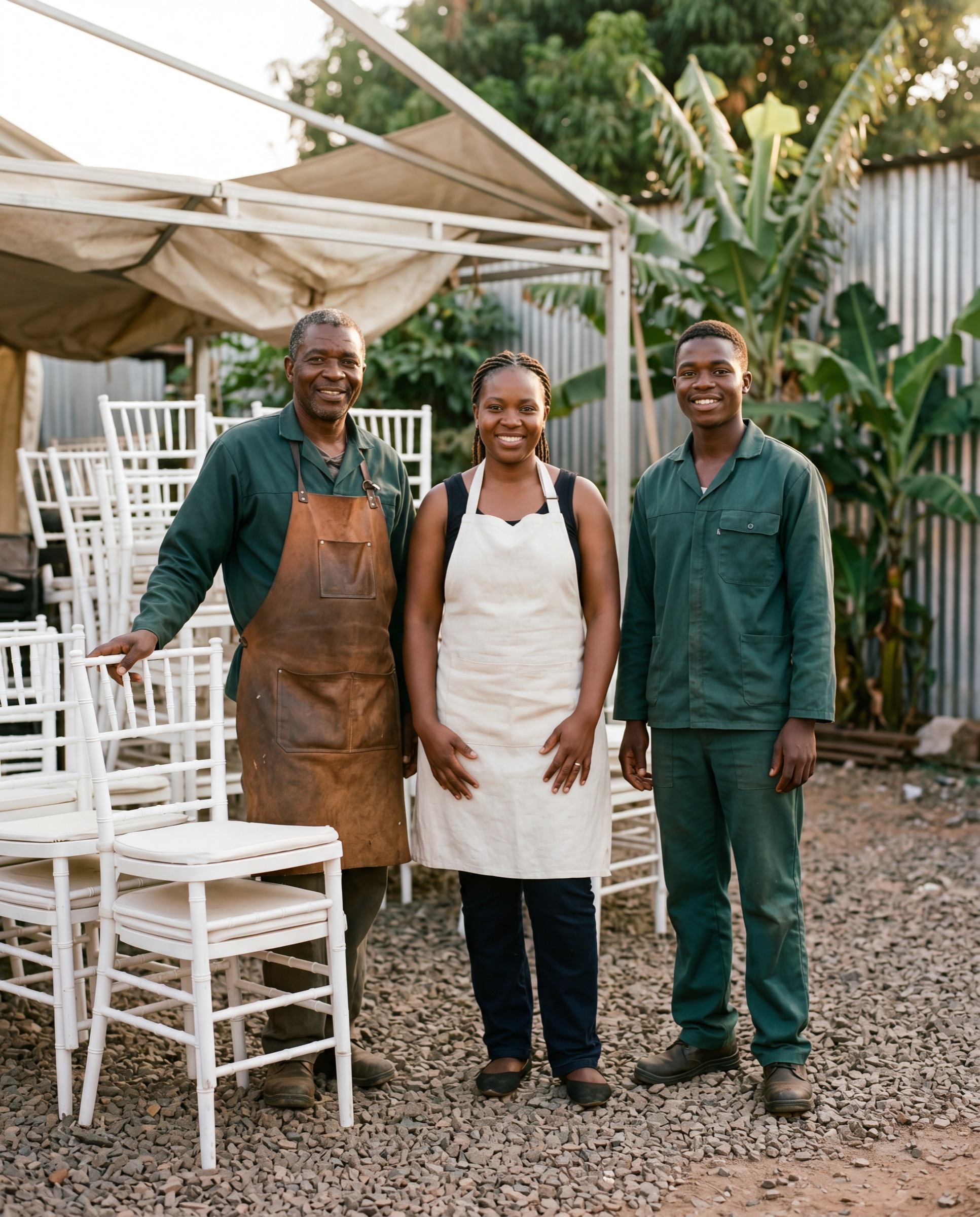Three members of the Heritage Events Group family team at their Chitungwiza yard — the founder in a leather apron, the operations lead in a linen apron, and a younger crew member in green workwear — standing in front of stacked Tiffany chairs and folded marquee canvas