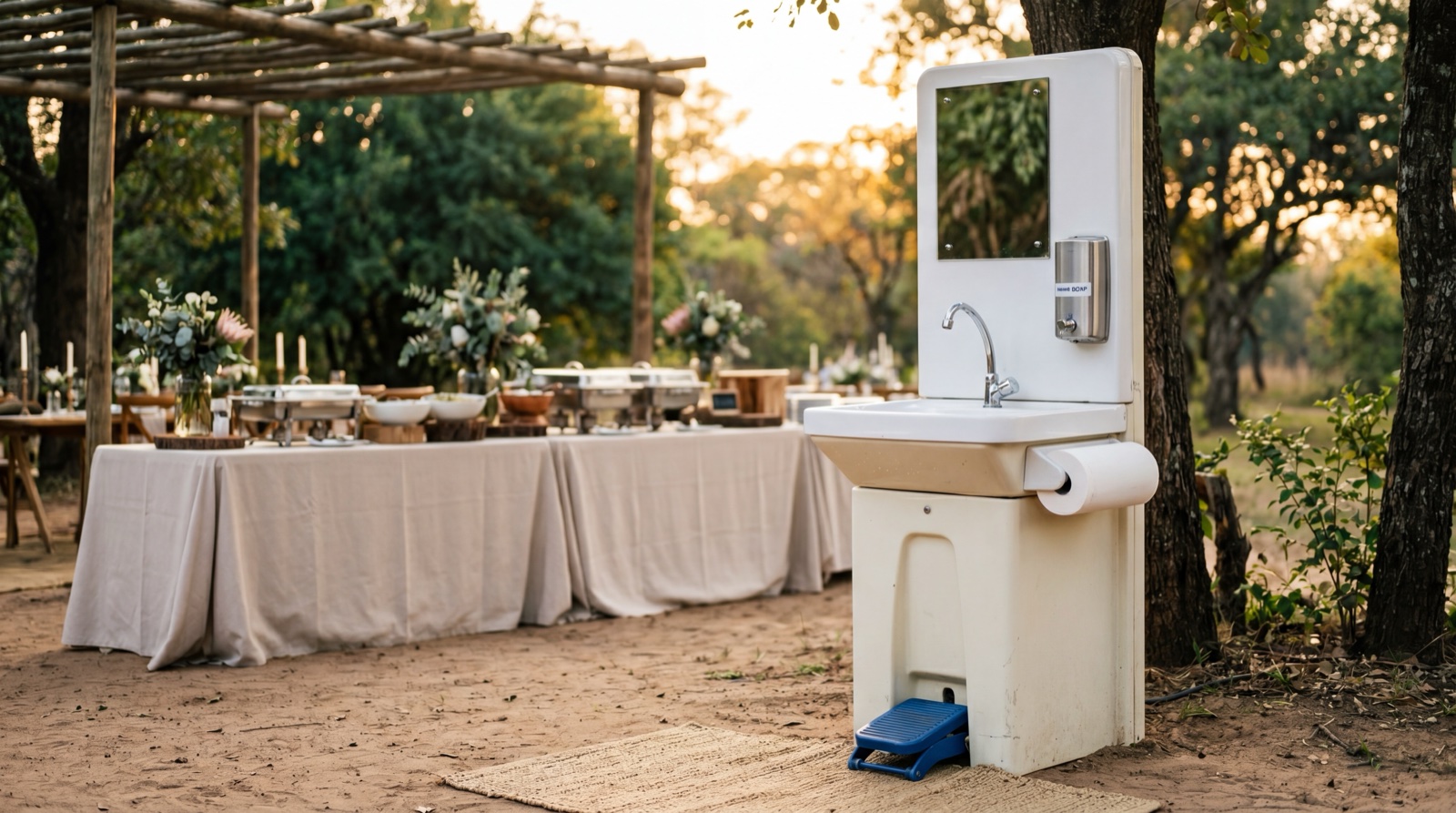 A free-standing hand-wash station beside a draped catering buffet table at an outdoor wedding, soap and paper towels stocked