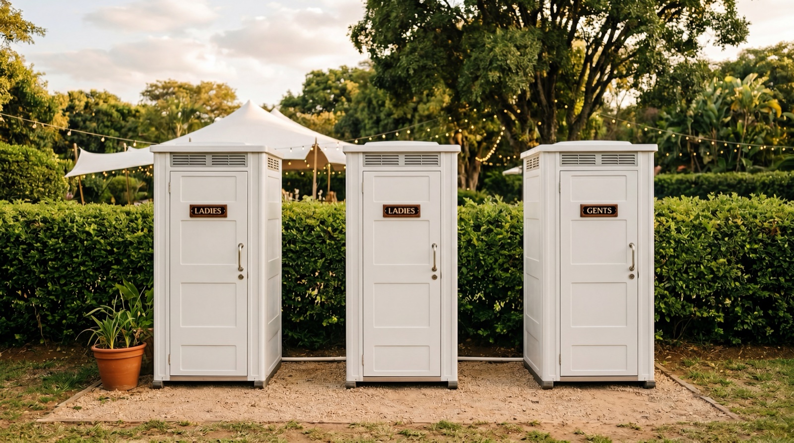 Three matching clean white mobile toilet units placed neatly along a hedgerow at an outdoor wedding venue