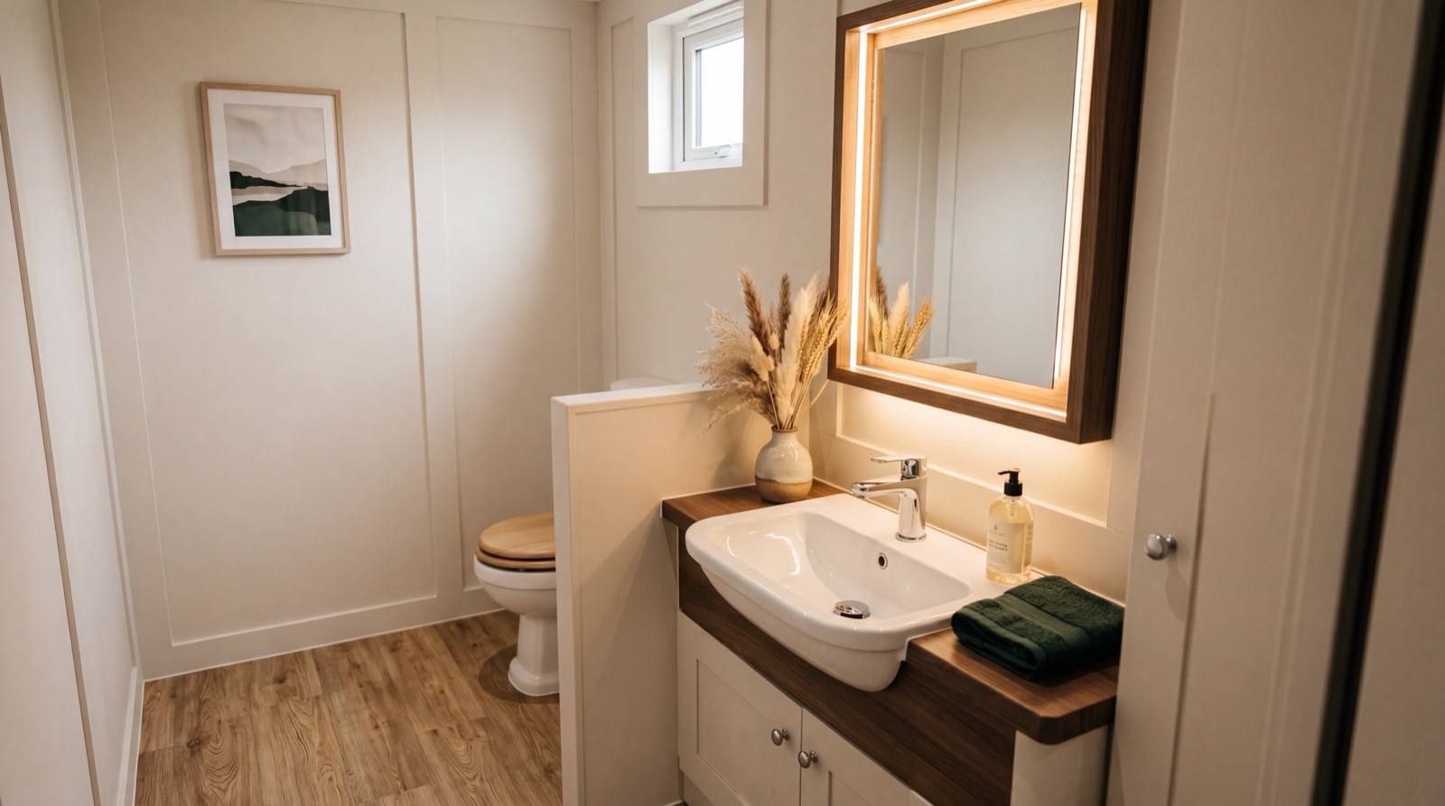 The interior of a luxury VIP mobile toilet unit with a porcelain basin, mirror with warm vanity lighting and wood-effect floor