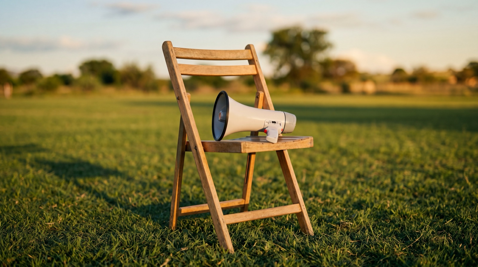 A handheld megaphone resting on a wooden folding chair on a grass field, late-afternoon light