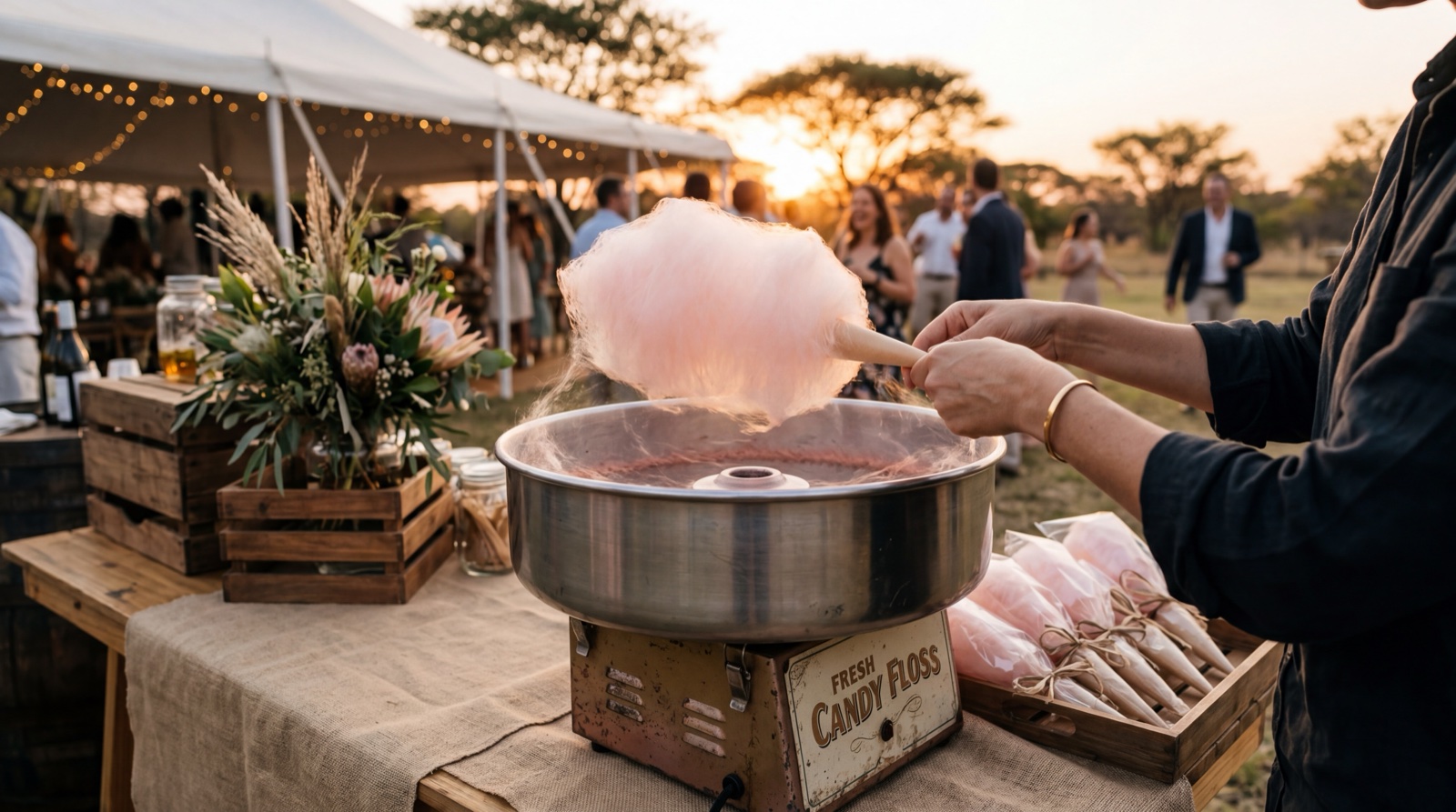 A candy floss machine spinning fresh floss on a styled drinks station at an outdoor reception
