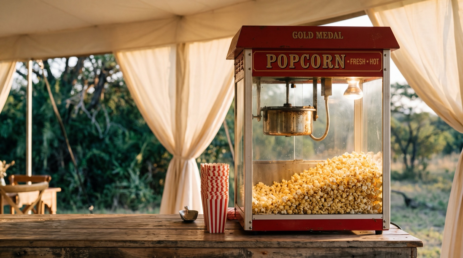 A vintage red commercial popcorn machine with fresh golden popcorn at an outdoor function