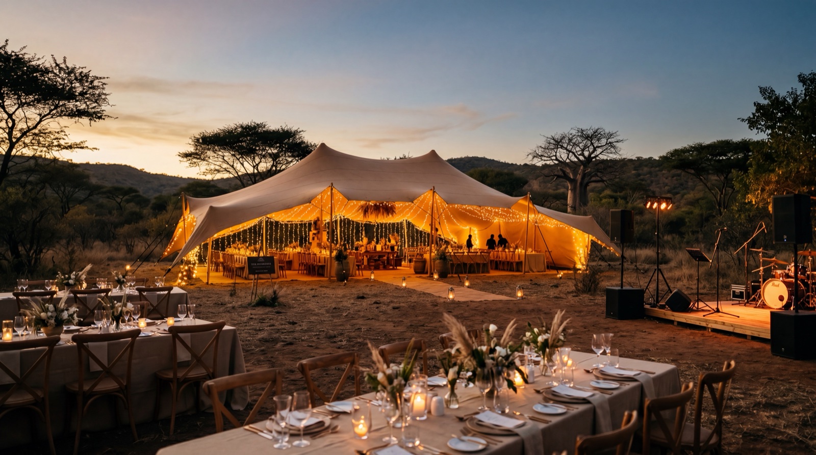 A wide dusk wedding reception with a glowing stretch marquee, warm floodlights, and a small stage with PA speakers visible at the edge of frame