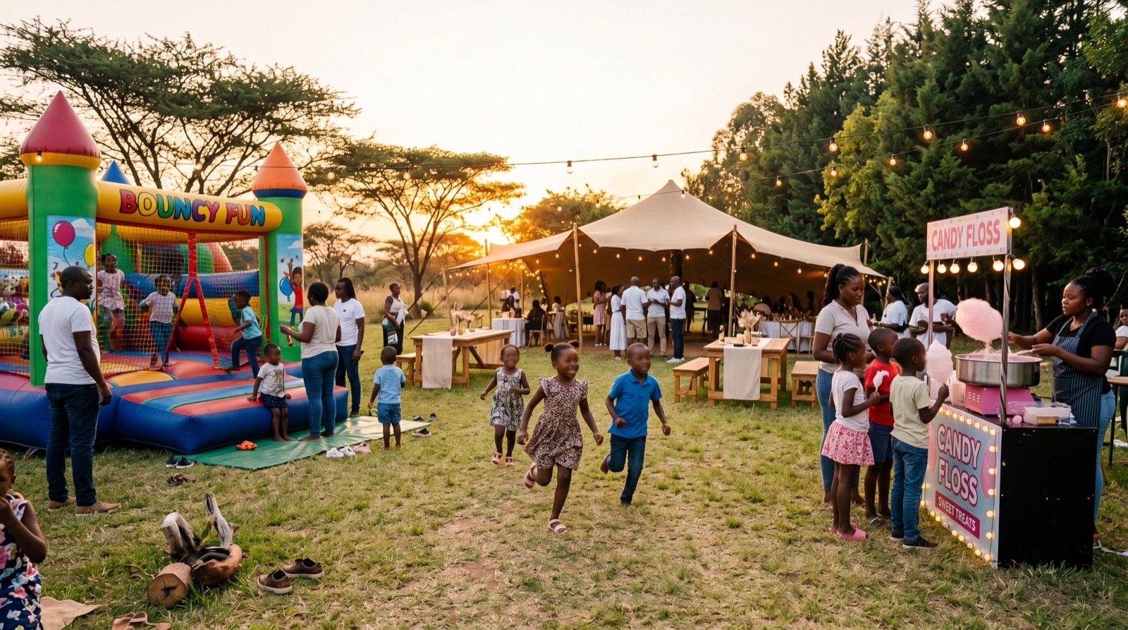 A Zimbabwean family celebration in golden-hour light with a jumping castle, candy floss station and children running between