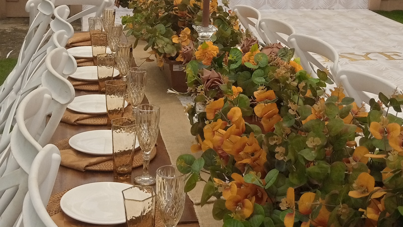 Wedding banquet table with florals