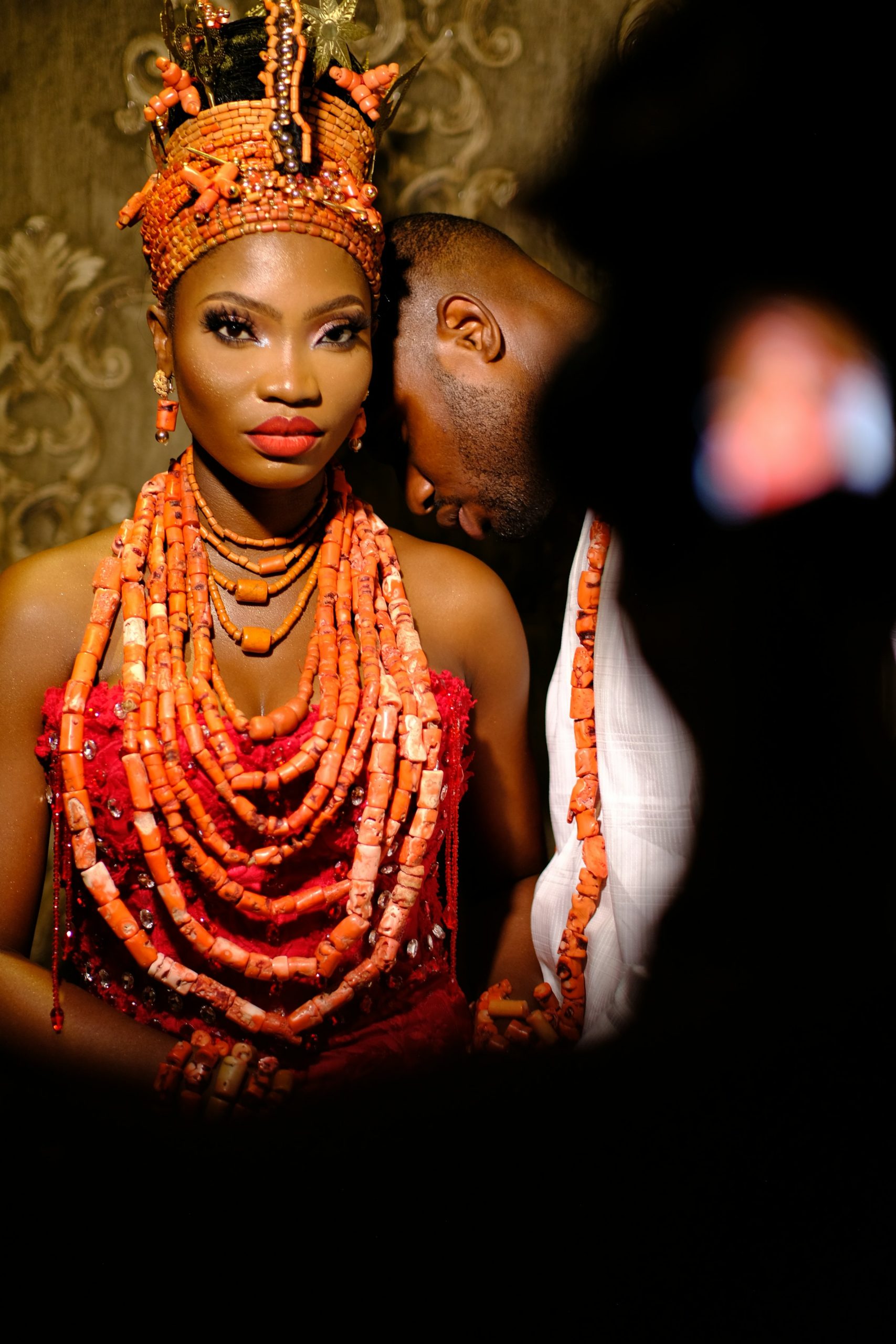 Wedding reception, gold and red gown